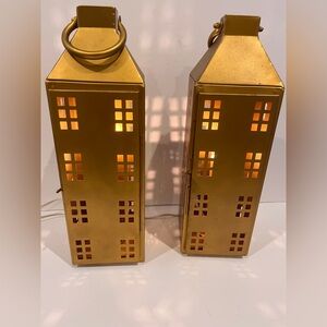 Lot 2 Outdoor House Porch Metal Light Fixture Lamp Lanterns Gold Lighted Holiday